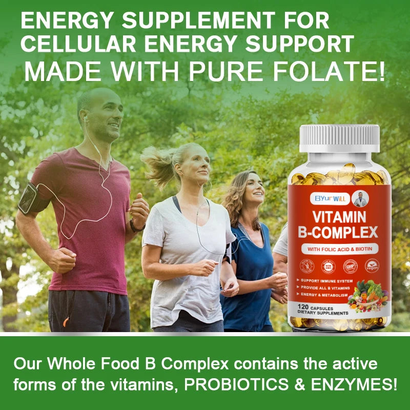 Vitamin B Complex for Women and Men - with Folic Acid Biotin B1 B2 B3 B6 B12 - Support Cellular Energy & Mental Clarity