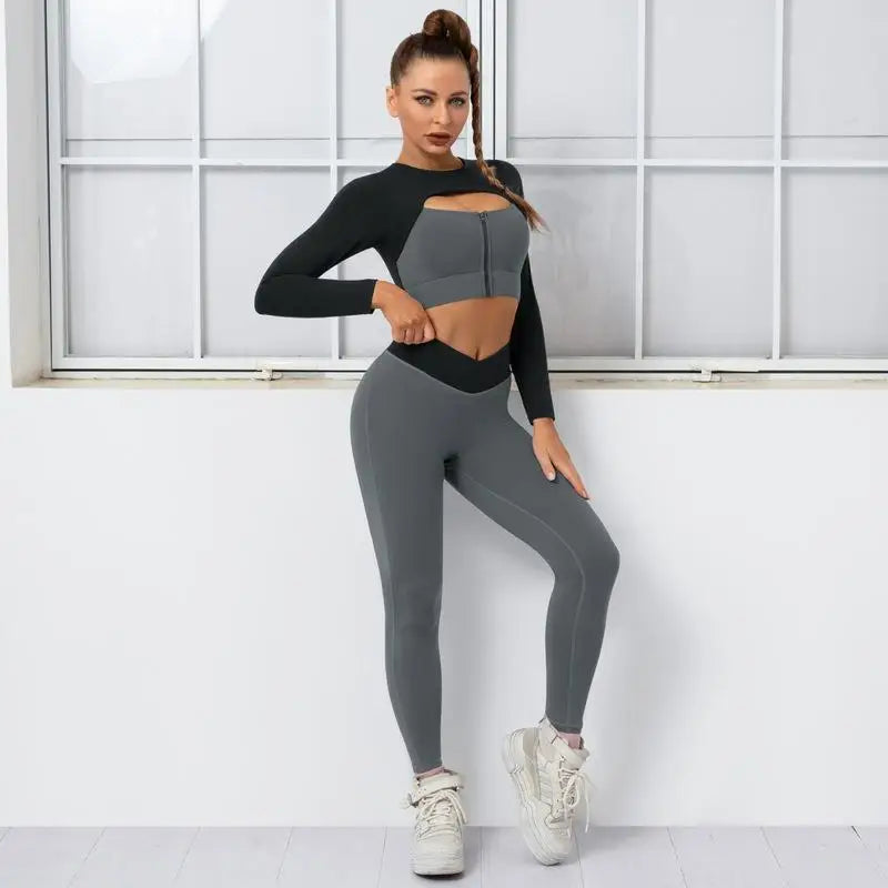 Cloud Hide Sexy Zipper Yoga Set Gym Fitness Sport Suits Sports Wear Women Clothing Yoga Pants Leggings Sport Bra Top Sportswear