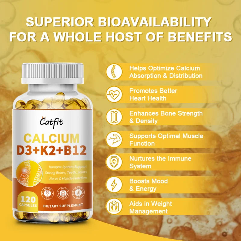 Catfit Vitamin D3K2 Capsules Vb12 Calcium High Absorption Heart Brain Health Bone Density Joints Flexibility Weight Management