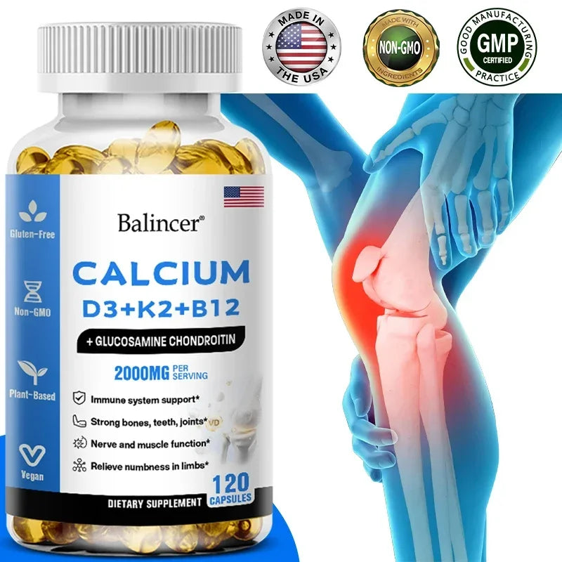 Calcium + Vitamins D3, K2 & B12 + Glucosamine Chondroitin - Supports Bone, Teeth & Muscle Health