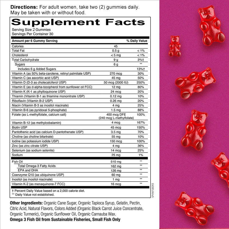 Gummies for Women: Enriched with Omega 3 DHA/EPA Fish Oil, CoQ10, Folic Acid, Vitamin K2, D3, Biotin, B12 for Good Health