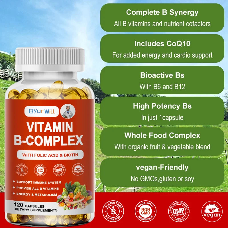 Vitamin B Complex for Women and Men - with Folic Acid Biotin B1 B2 B3 B6 B12 - Support Cellular Energy & Mental Clarity