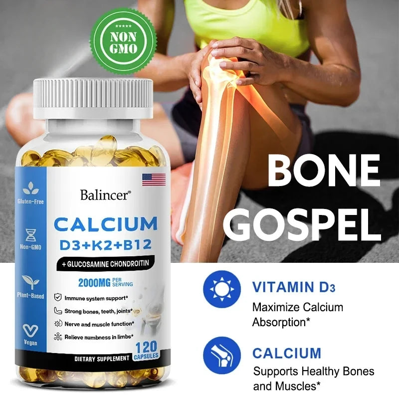 Calcium + Vitamins D3, K2 & B12 + Glucosamine Chondroitin - Supports Bone, Teeth & Muscle Health